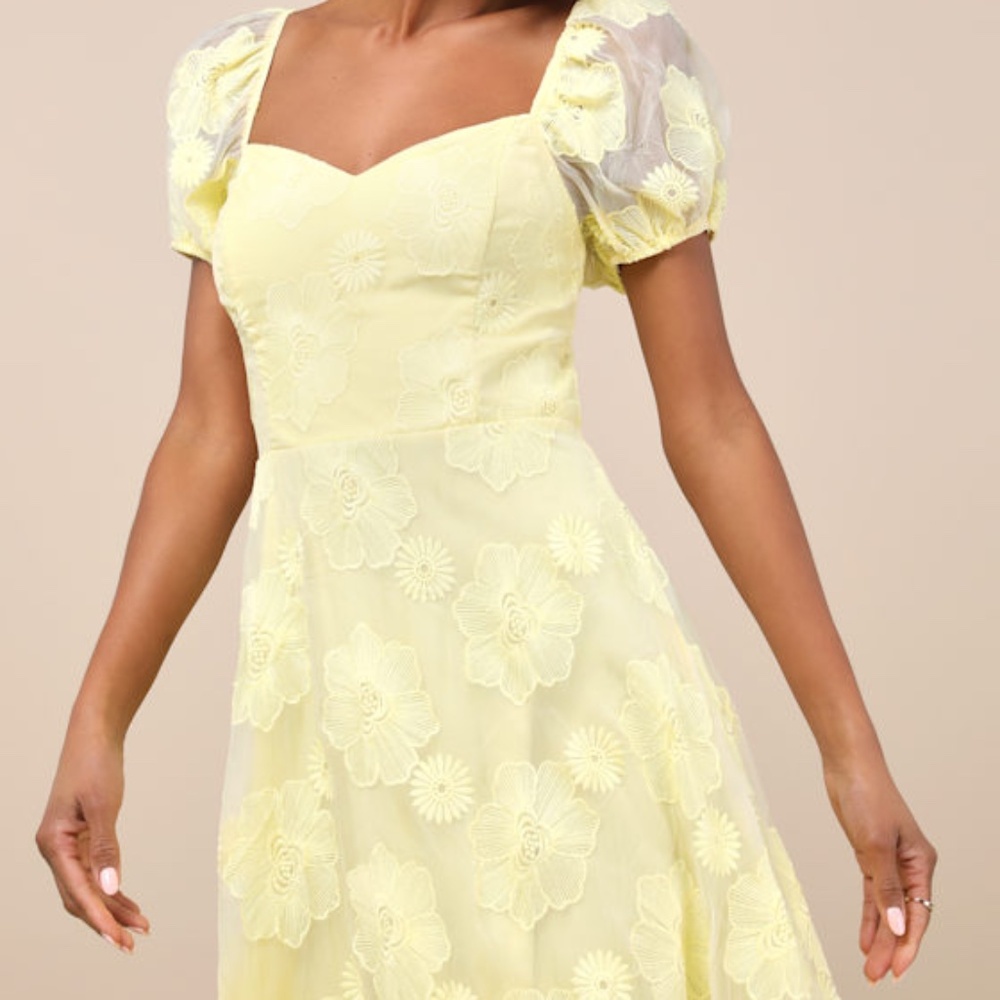 NWT. Lulus Sweetest Behavior Yellow Embroidered Puff Sleeve Midi Dress - Size M